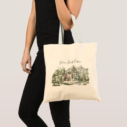 Waterverf Cabin in het groene dennenbos Tote Bag (Voorkant (product))
