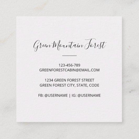 Waterverf Cabin in het groene dennenbos Vierkante Visitekaartje (Achterkant)