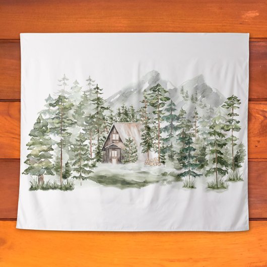 Waterverf Cabin in het groene dennenbos Wandkleed