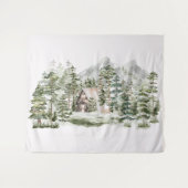 Waterverf Cabin in het groene dennenbos Wandkleed (Voorkant (horizontaal))