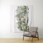 Waterverf Cabin in het groene dennenbos Wandkleed (In situ)