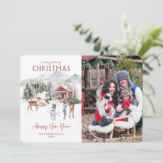 Waterverf Cabin | Kerstvakantie fotokaart Kaart (Staand voorkant)