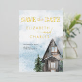 Waterverf Cabin Rustieke Winter Save The Date Folie Uitnodiging (Staand Voorkant)