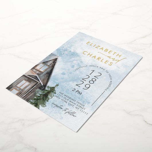 Waterverf Cabin Rustieke Winter Vakantie Bruiloft Folie Uitnodiging (Gedraaid)