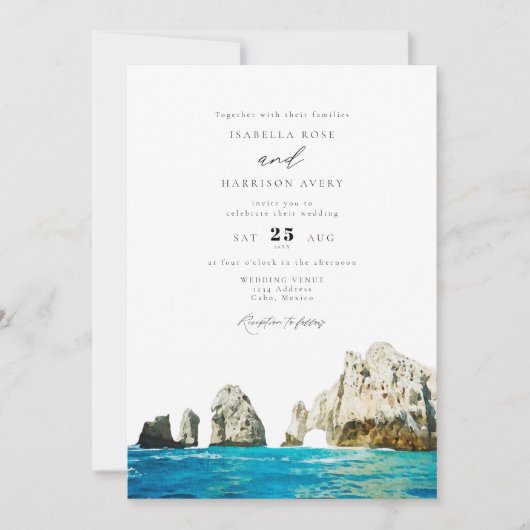 Waterverf Cabo Mexico Skyline Wedding Uitnodiging (Voorkant)