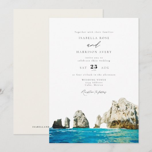 Waterverf Cabo Mexico Skyline Wedding Uitnodiging (Voorkant / Achterkant)