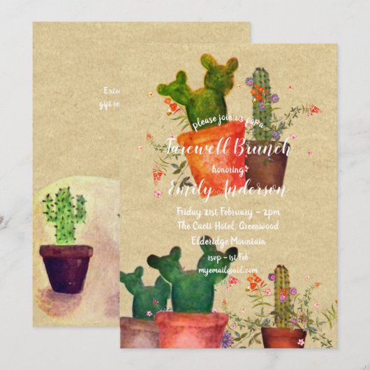 Waterverf CACTI Farewell Party Rustic Uitnodiginge Kaart (Voorkant / Achterkant)