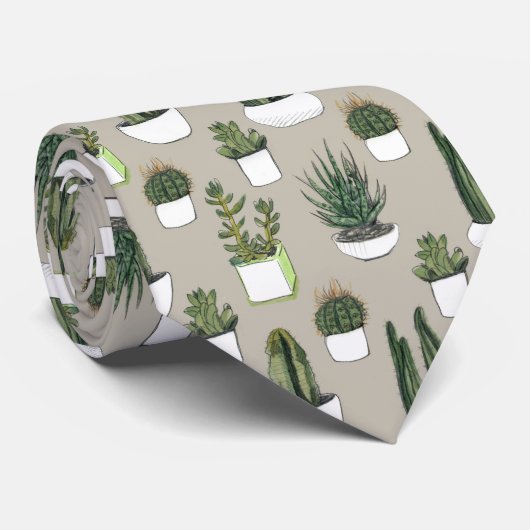 Waterverf Cacti & Succulent - Beige Stropdas (Opgerold)