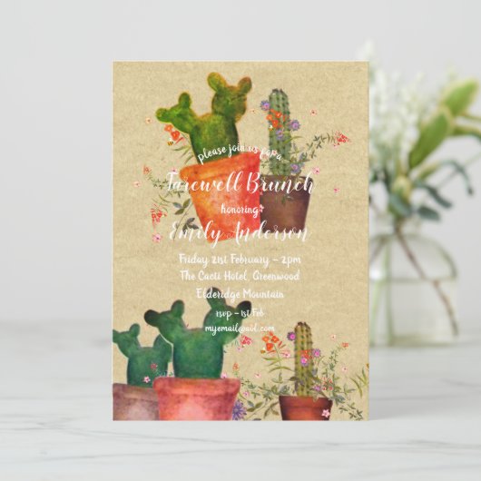 Waterverf CACTUS Afscheidsfeest Rustieke Uitnodigi Kaart (Staand voorkant)