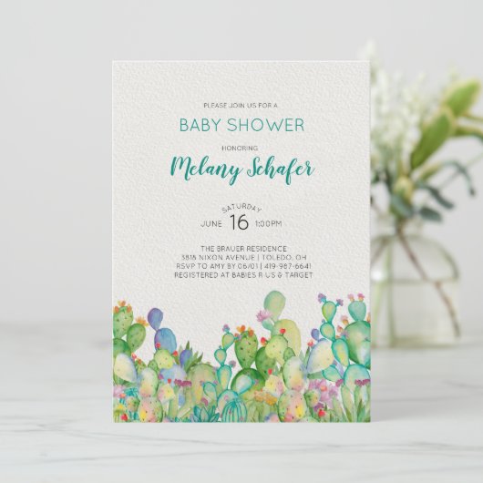 Waterverf Cactus Baby shower Uitnodiging (Staand voorkant)