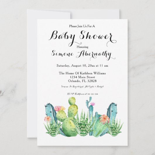 Waterverf Cactus Baby shower Uitnodiging (Voorkant)