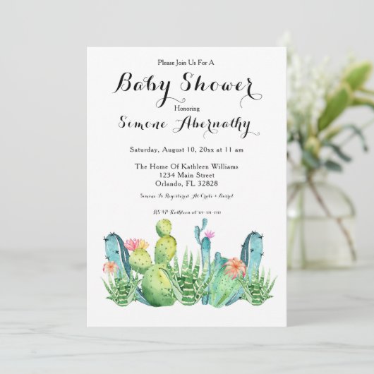 Waterverf Cactus Baby shower Uitnodiging (Staand voorkant)