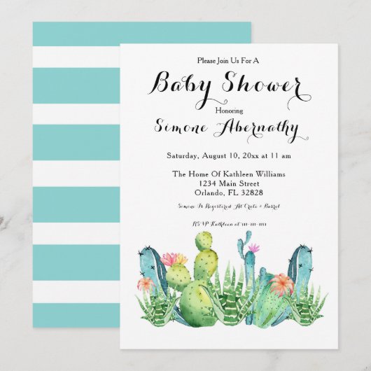 Waterverf Cactus Baby shower Uitnodiging (Voorkant / Achterkant)