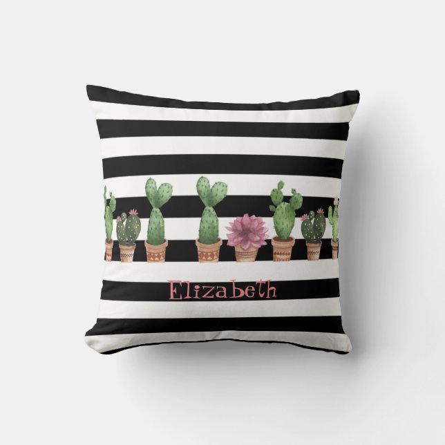 Waterverf Cactus, Black White Stripes Personalized Kussen (Voorkant)