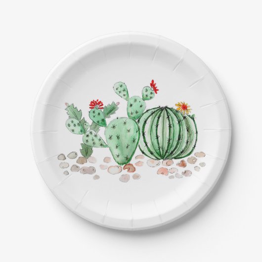 Waterverf cactus bloemen planten cartoon papieren bordje (Voorkant)