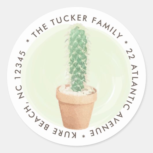 Waterverf Cactus Bloempot Rond Adreslabel Ronde Sticker (Voorkant)