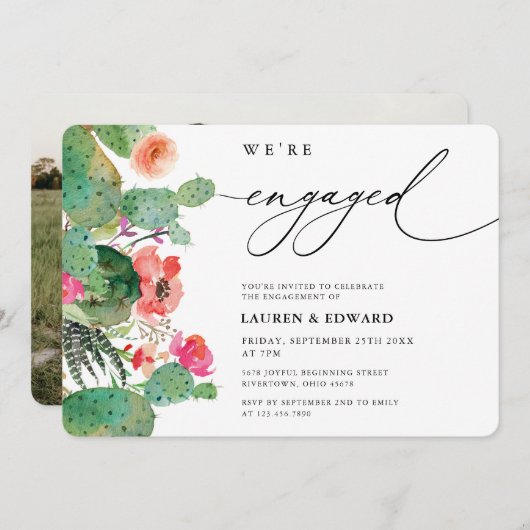 Waterverf Cactus Calligraphy Engagement Party Kaart (Voorkant / Achterkant)