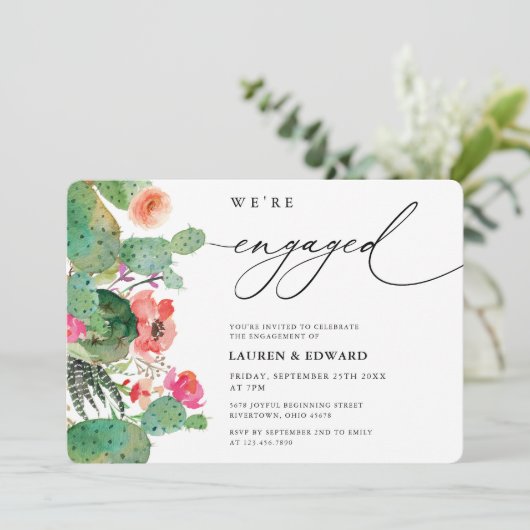 Waterverf Cactus Calligraphy Engagement Party Kaart (Staand voorkant)