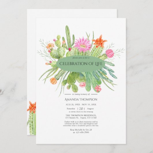 Waterverf Cactus Celebration of Life Photo Kaart (Voorkant / Achterkant)