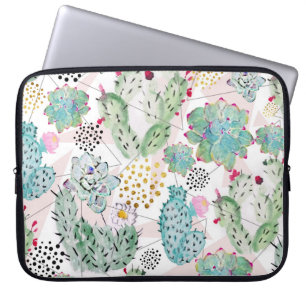 waterverf cactus en driehoekenpatroon laptop sleeve