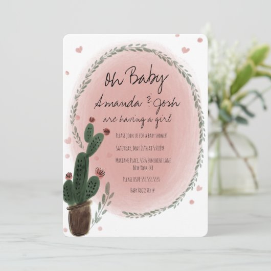 Waterverf Cactus en Hearts Greenery Baby shower Kaart (Staand voorkant)