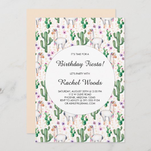 Waterverf Cactus en Llama Birthday Fiesta Kaart (Voorkant / Achterkant)