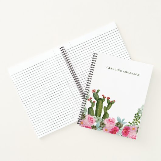 Waterverf Cactus en roze bloemen gepersonaliseerd Notitieboek (Binnen)
