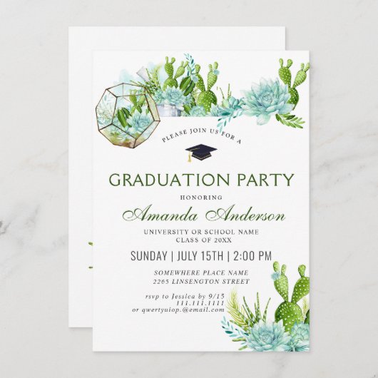 Waterverf Cactus Eucalyptus Graduation Party Kaart (Voorkant / Achterkant)