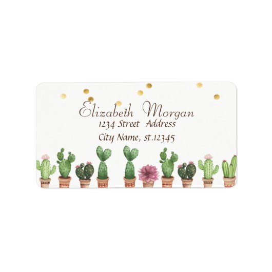 Waterverf Cactus, Faux Gold Foil Confetti Etiket (Voorkant)