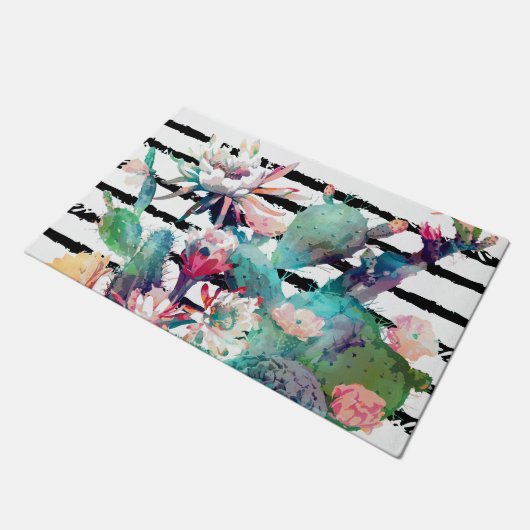  Waterverf Cactus Floral Black Stripes Deurmat (Schuin)
