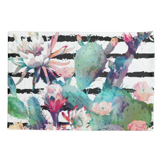  Waterverf Cactus Floral Black Stripes Kussensloop (Achterkant)