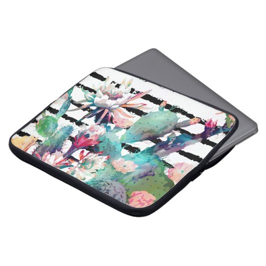 Waterverf Cactus Floral Black Stripes Laptop Sleeve (Voorkant top)