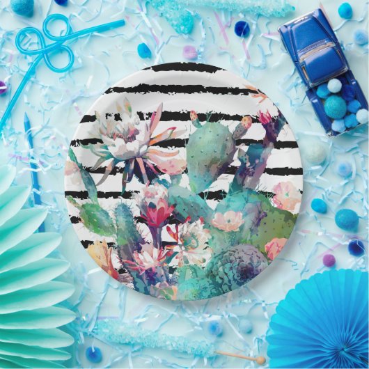  Waterverf Cactus Floral Black Stripes Papieren Bordje (Feest)