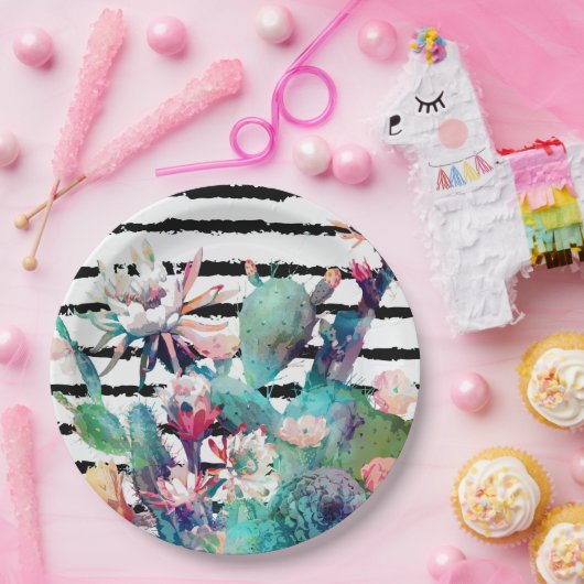  Waterverf Cactus Floral Black Stripes Papieren Bordje (Feest)