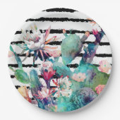  Waterverf Cactus Floral Black Stripes Papieren Bordje (Voorkant)