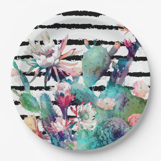  Waterverf Cactus Floral Black Stripes Papieren Bordje (Voorkant)