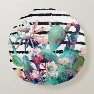 Waterverf Cactus Floral Black Stripes Rond Kussen