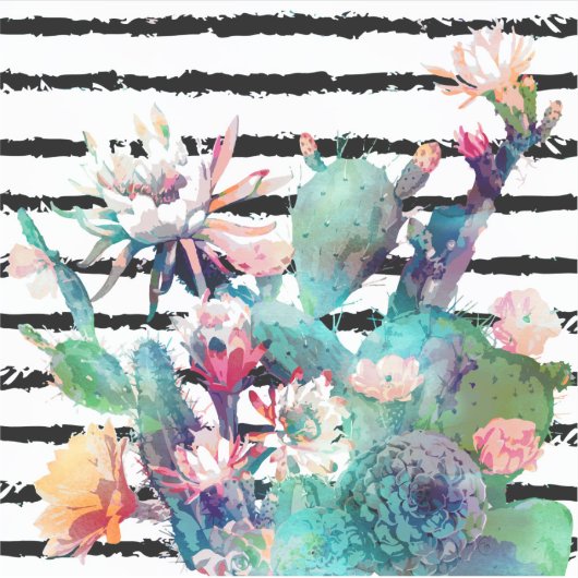 Waterverf Cactus Floral Black Stripes Sticker (Voorkant)