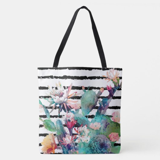  Waterverf Cactus Floral Black Stripes Tote Bag (Voorkant)