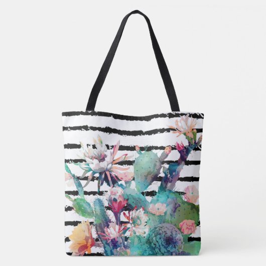  Waterverf Cactus Floral Black Stripes Tote Bag (Achterkant)
