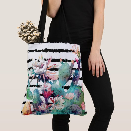  Waterverf Cactus Floral Black Stripes Tote Bag (Dichtbij)