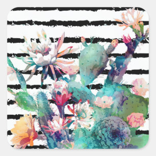 Waterverf Cactus Floral Black Stripes Vierkante Sticker