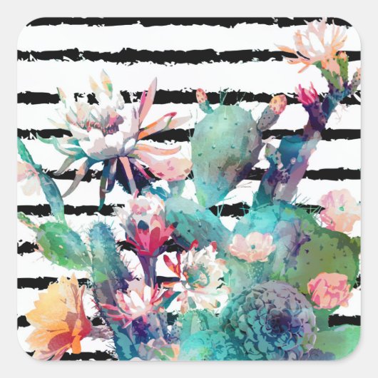  Waterverf Cactus Floral Black Stripes Vierkante Sticker (Voorkant)