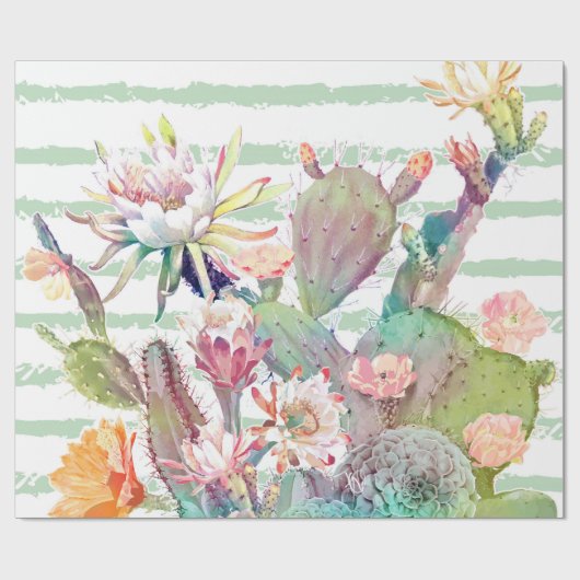 Waterverf Cactus Floral Stripes Design Cadeaupapier (Vlak)