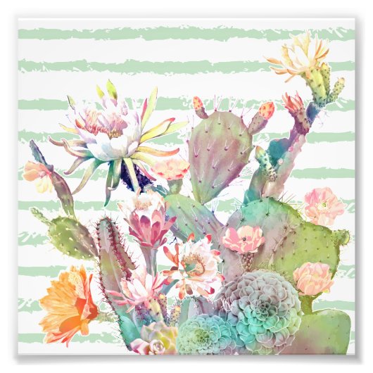 Waterverf Cactus Floral Stripes Design Foto Afdruk (Voorkant)