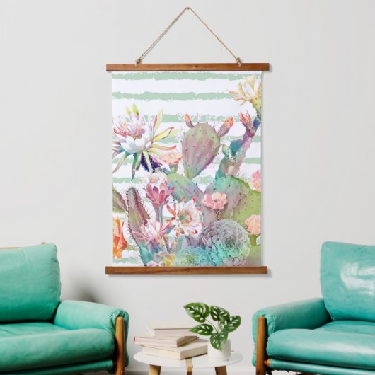 Waterverf Cactus Floral Stripes Design Hangend Wandkleed (Woonkamer)