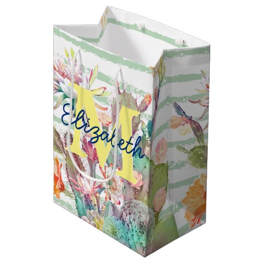 Waterverf Cactus Floral Stripes Design Medium Cadeauzakje (Voorkant Gekanteld)