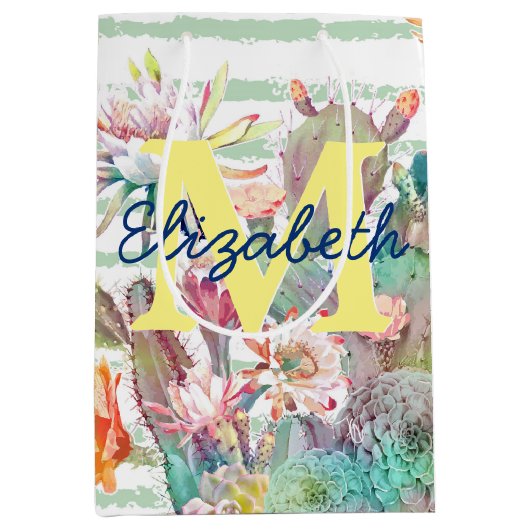 Waterverf Cactus Floral Stripes Design Medium Cadeauzakje (Voorkant)