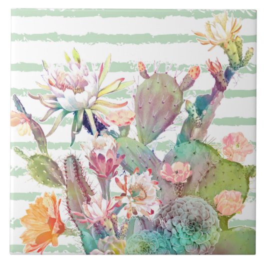 Waterverf Cactus Floral Stripes Design Tegeltje (Voorkant)