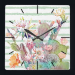 Waterverf cactus, florale en strepenvormingen vierkante klok<br><div class="desc">Een collectie cactus, succulenten en bloemen op een groenbedekking met strepen tegen achtergrond met een droombeeld dat waterverf voelt, gemaakt in zachte kleuren van munt, roze, blozen, oranje, paars, groen, blauw, blauwgroen en wit. Mysterie, whimsical, Summer, sun, strand, feminine, girly, elegant, chic, trendy, simpel, mode, artistiek, kunst, illustratie, uniek, levendig,...</div>